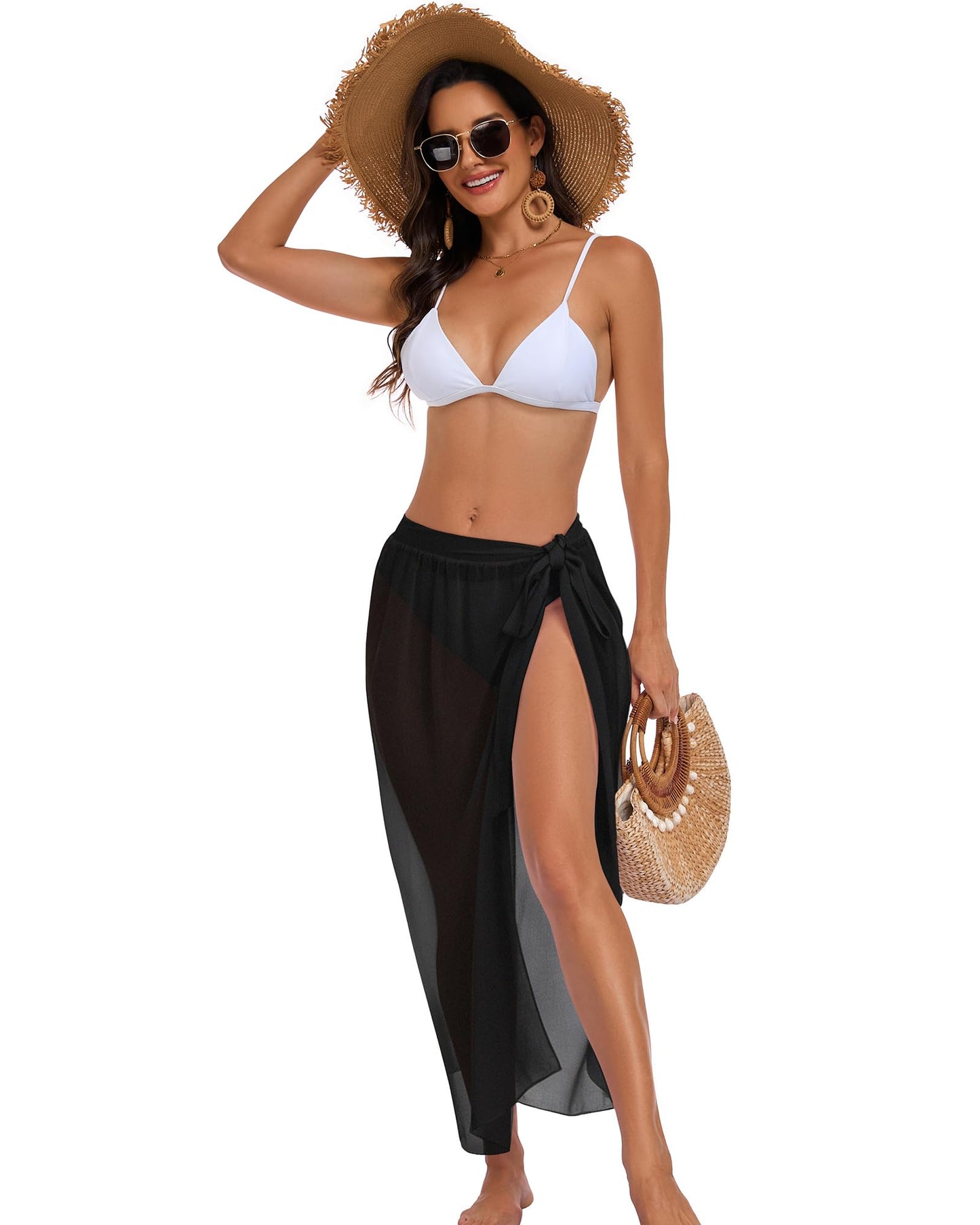 CHICGAL Sarong Wraps for Women Long Bathing Suit Cover Up Beach Tie Swimwear Summer Bikini Swimsuit Coverups (Black)