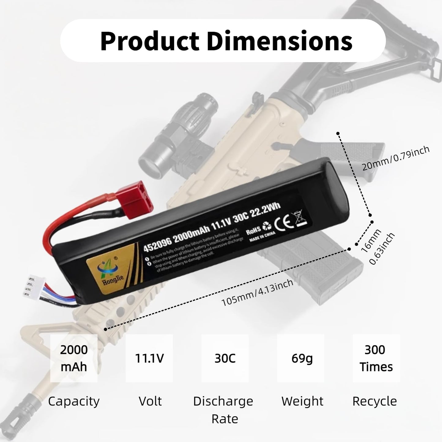 Itexkun 11.1V Airsoft Battery 2000mAh 30C Rechargeable Li-Po T Plug 452096 for Most Airsoft Model Guns Gel Water Bead Blaster with USB Cable (3S 452096)