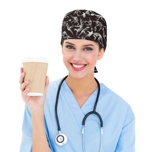 Halloween Dinosaur Dino Skeleton Bones Working Cap Scrub Cap with Sweatband Adjustable Unisex Women Tie Back Hat Nurse Surgical Caps