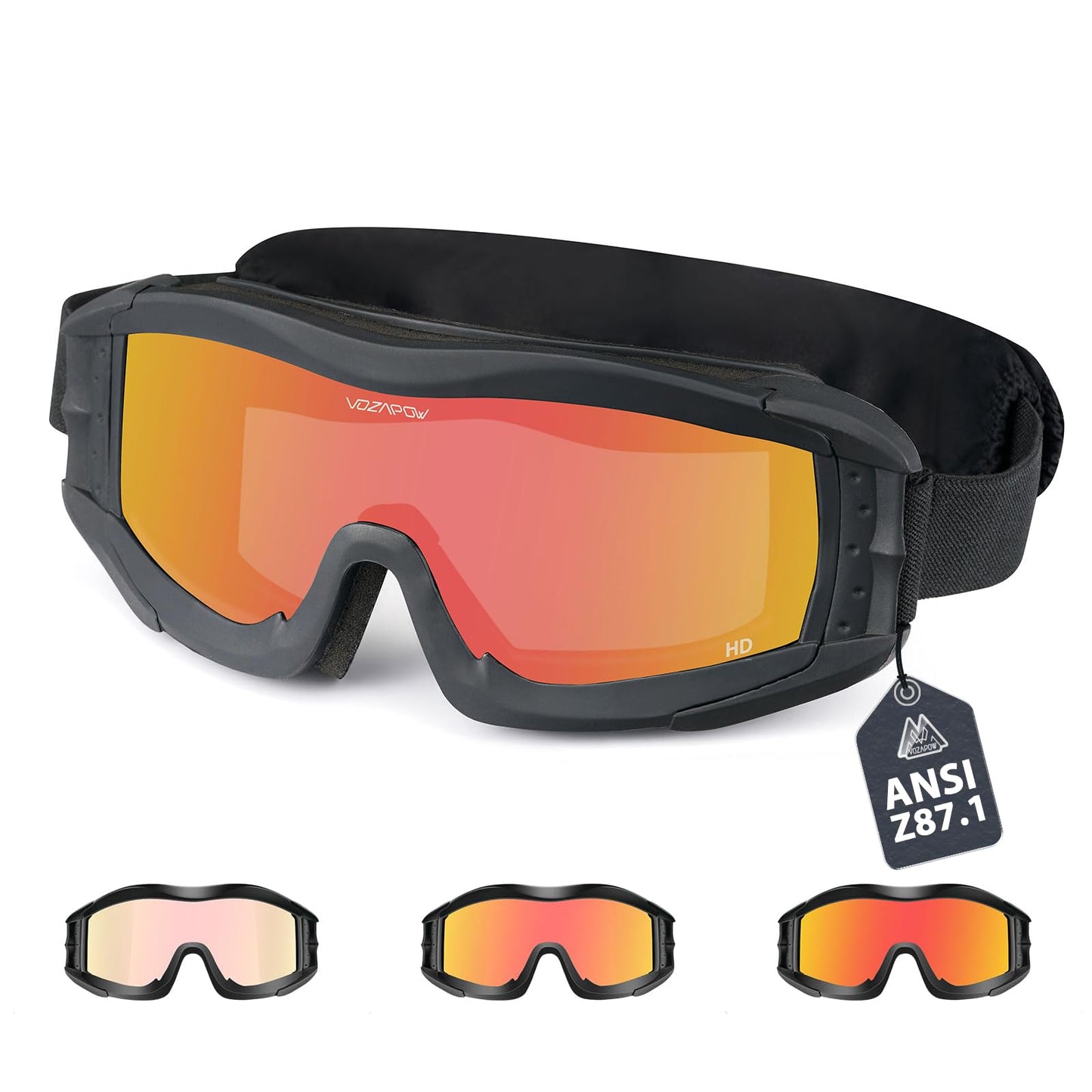 VOZAPOW Airsoft Goggles Anti Fog with ANSI Z87.1 Standards （3 Lenses, Gray, Red）