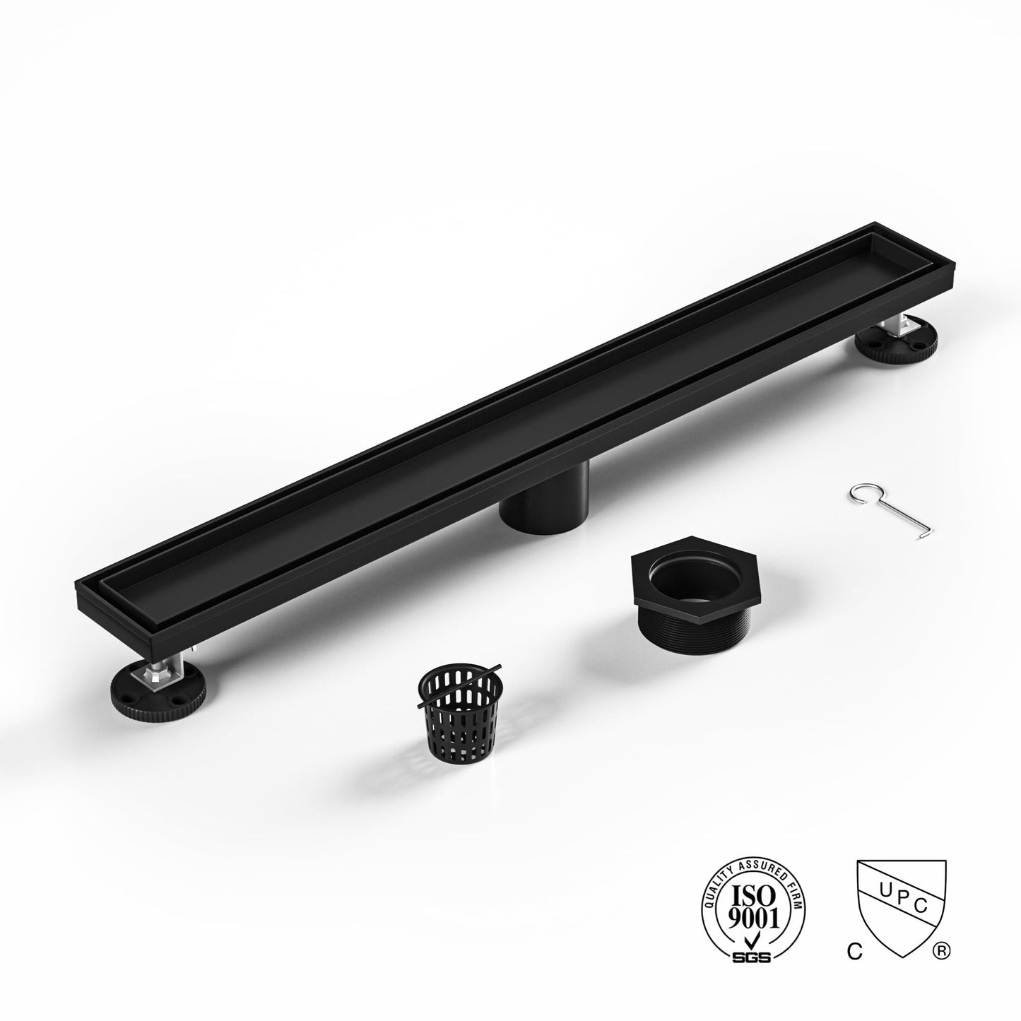 Bochni Linear Shower Drain 24" Matte Black 304 Stainless Steel | Fast Drainage | Tile Inserted | Stainless Floor Drain Grate | Hair Strainer | Drain Key | The Upgrade for Your Bathroom