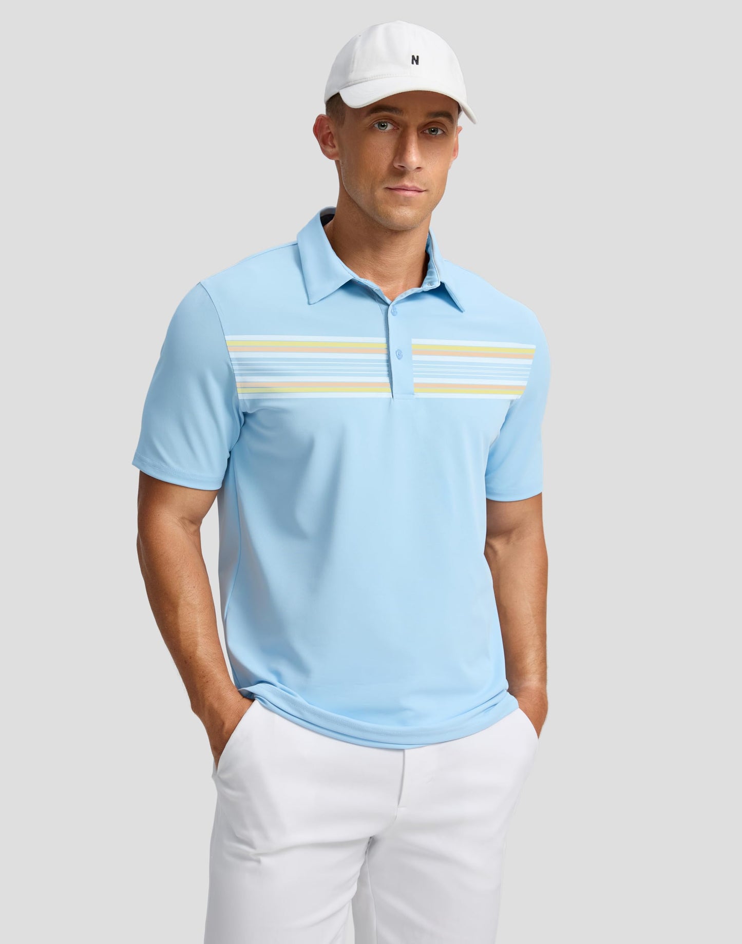 G Gradual Men's Golf Shirts Quick Dry Moisture Wicking Performance Short Sleeve Collared Polo Shirts for Casual Athletic Business (Light Blue Stripes, S)