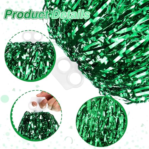 Green Cheerleading Pom Poms XL Hand Flowers 2-Pack - Sparkling Metallic Foil for Sports & Events