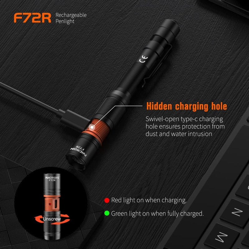 NICRON F72R Pen Light, Pocket Flashlight with Clip,5 Modes 450 lumens mini Rechargeable Flashlight Including Batteries, Focusing penlight ipx4 Waterproof for Work