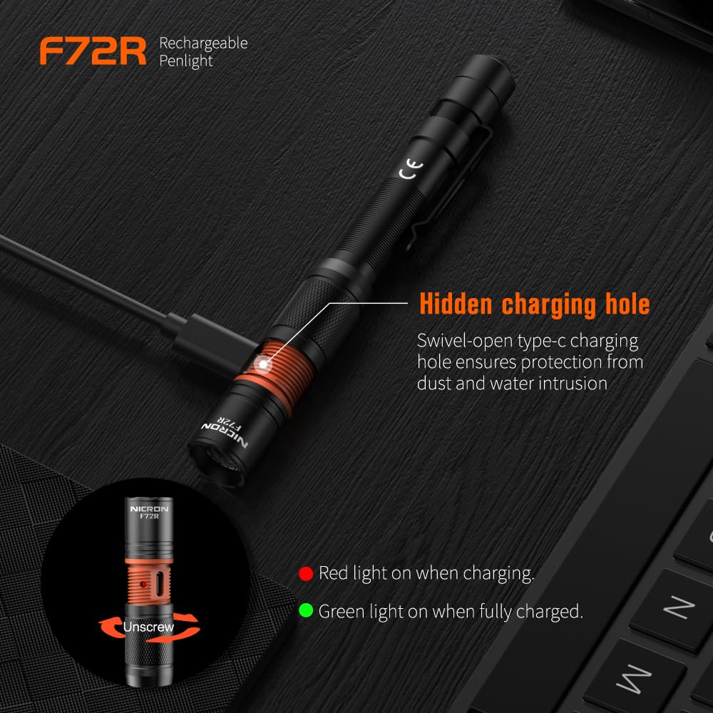 NICRON F72R Pen Light, Pocket Flashlight with Clip,5 Modes 450 lumens mini Rechargeable Flashlight Including Batteries, Focusing penlight ipx4 Waterproof for Work