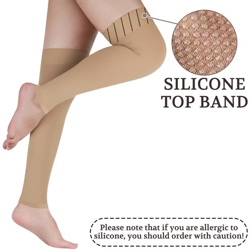 LIN PERFORMANCE 15-20 mmHg Medical Footless Compression Stockings for Women Men Thigh High Dot-Top Support Leg Sleeves for Daily & Travel Comfort (Nude,L)