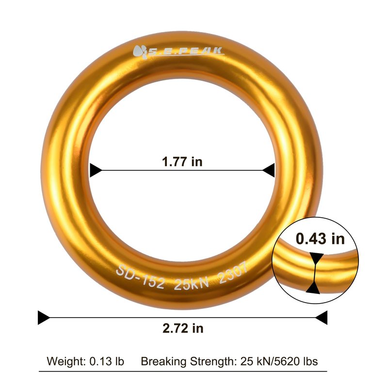 S.E.PEAK 25kN Aluminum Rappel Ring, Tension O-Ring, Rock Climbing, Arborist, Gold, Pack of 4