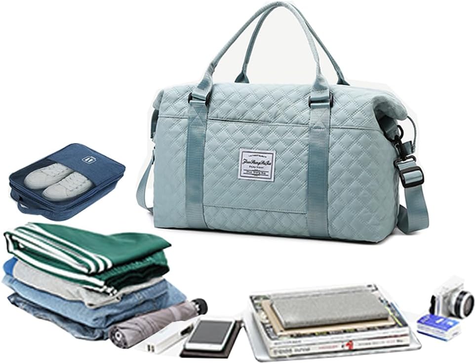 Skiennix Quilted Travel Bag - Stylish Overnight Gym Tote | Blue Weekend Duffel for Women