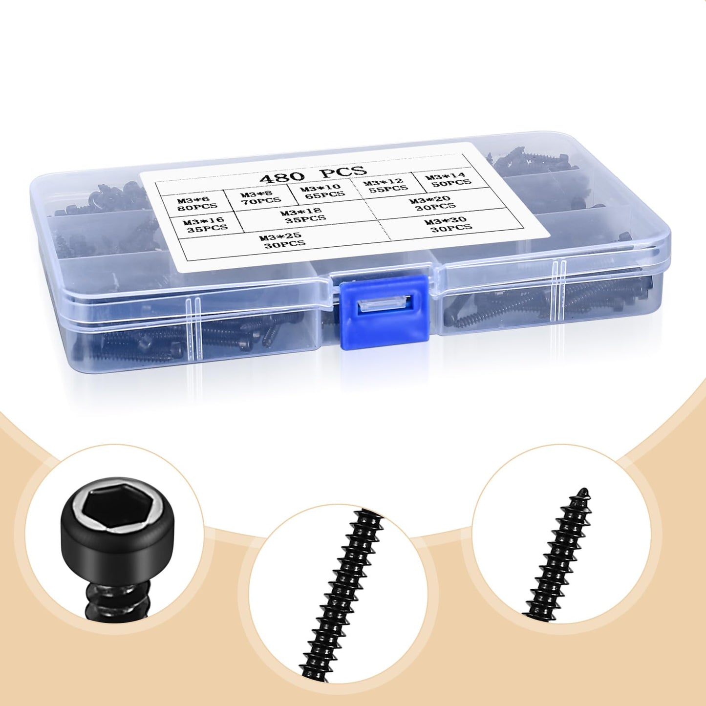 Metric Hex Socket Cap Head Self Tapping Screws, 480pcs M3 Stainless Steel Socket Head Cap Wood Screws Assortment Kit, Hex Drive Head Cap Self Drilling Screws(480 Black)