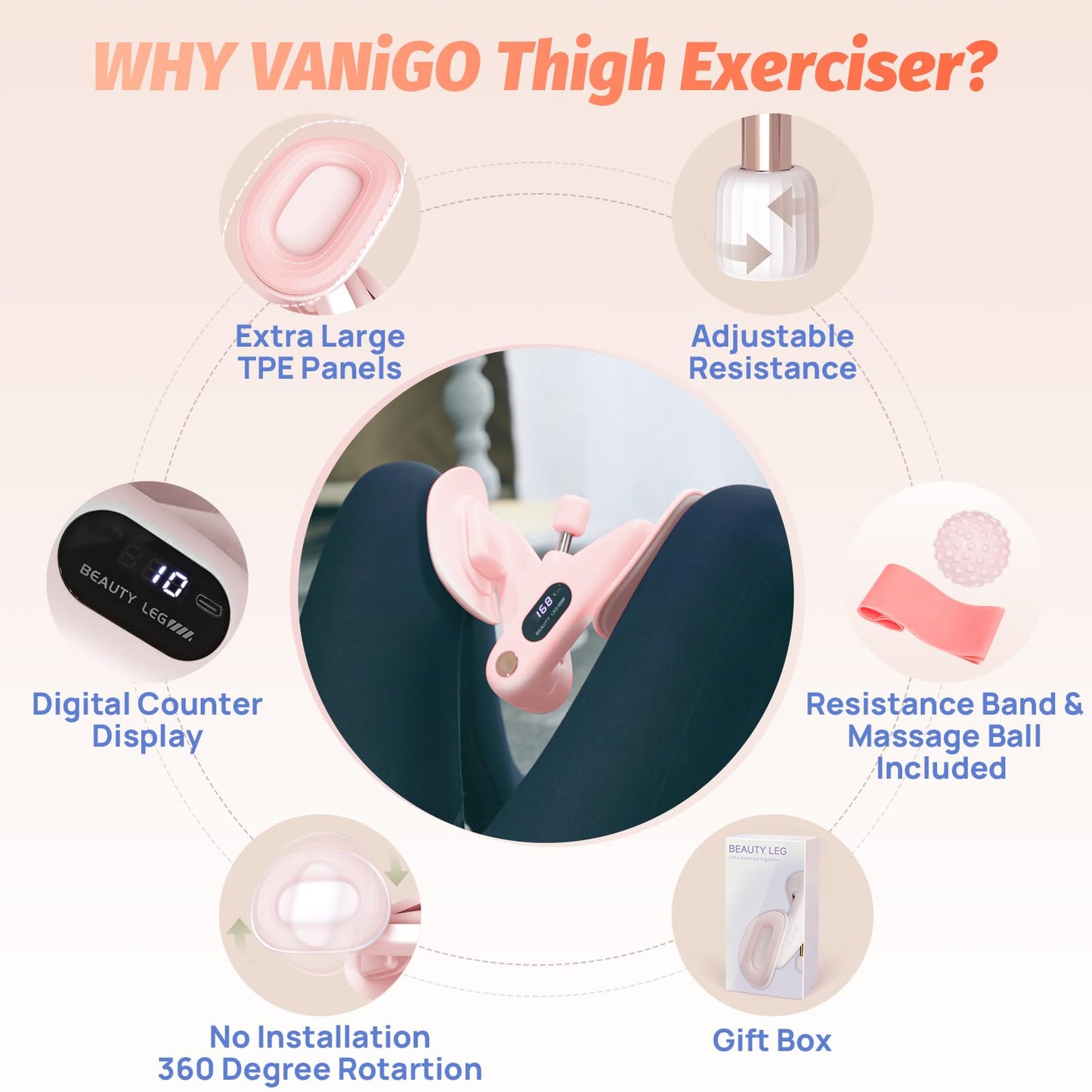 VANiGO Thigh Exerciser, Pelvic Floor Muscle Trainer, Inner Thigh Kegel Exercise Workout Equipment for Women and Men, Home Fitness Strengthen Machine for HIPS, Butt, Legs