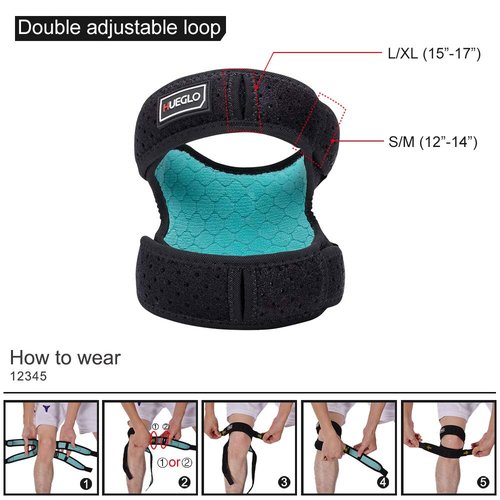 HUEGLO Dual Patella Knee Strap for Knee Pain Relief,Adjustable Neoprene Knee Brace Support for Running, Arthritis, Jumper, Tennis,Injury Recovery,Protection,Black(1 Piece),12'' - 17''