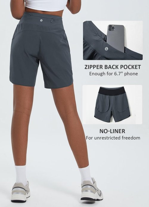 baleaf Women's 7" Athletic Long Running Shorts Workout Gym Quick Dry Hiking Shorts High Waisted Zipper Pocket Dark Gray L