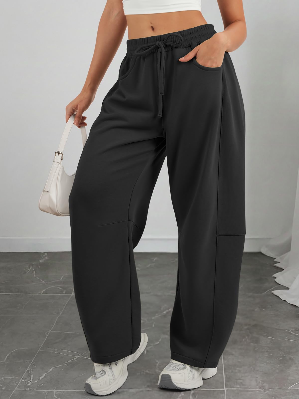 ATHMILE Barrel Sweatpants Women Fall Fashion Wide Leg Pants 2026 Baggy Lounge Comfy Flowy Sweat Pants with Pockets Teen Girl Black