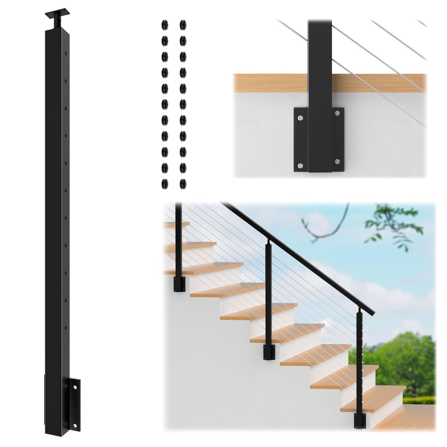 Gyykzz 42" Side Mount Stair Cable Railing Post for 36"-38" Stair Railing, Left Side Space-Saving 33° Drill Stair Handrail Deck Post for Cable Railing System Kit Indoor Outdoor Wood Concrete