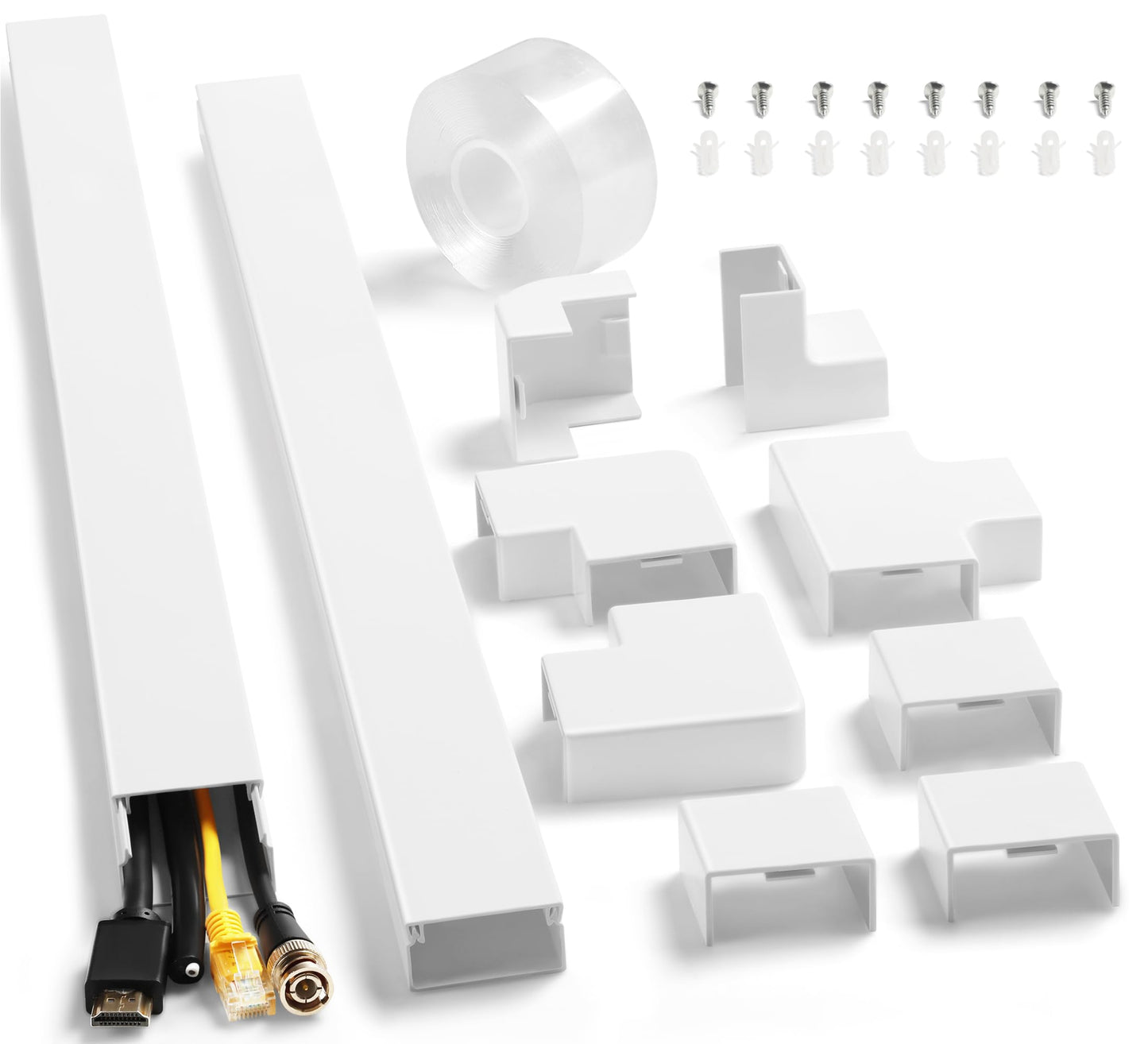 Cord Hider Kit 126in (8 x L15.7in) - ZhiYo Cable Covers for Wires on Wall, Wire Hider for Wall Mounted TV, White Cable Raceway, Paintable Cord Cover Cable Management for Home Office, W1.54in x H0.75in