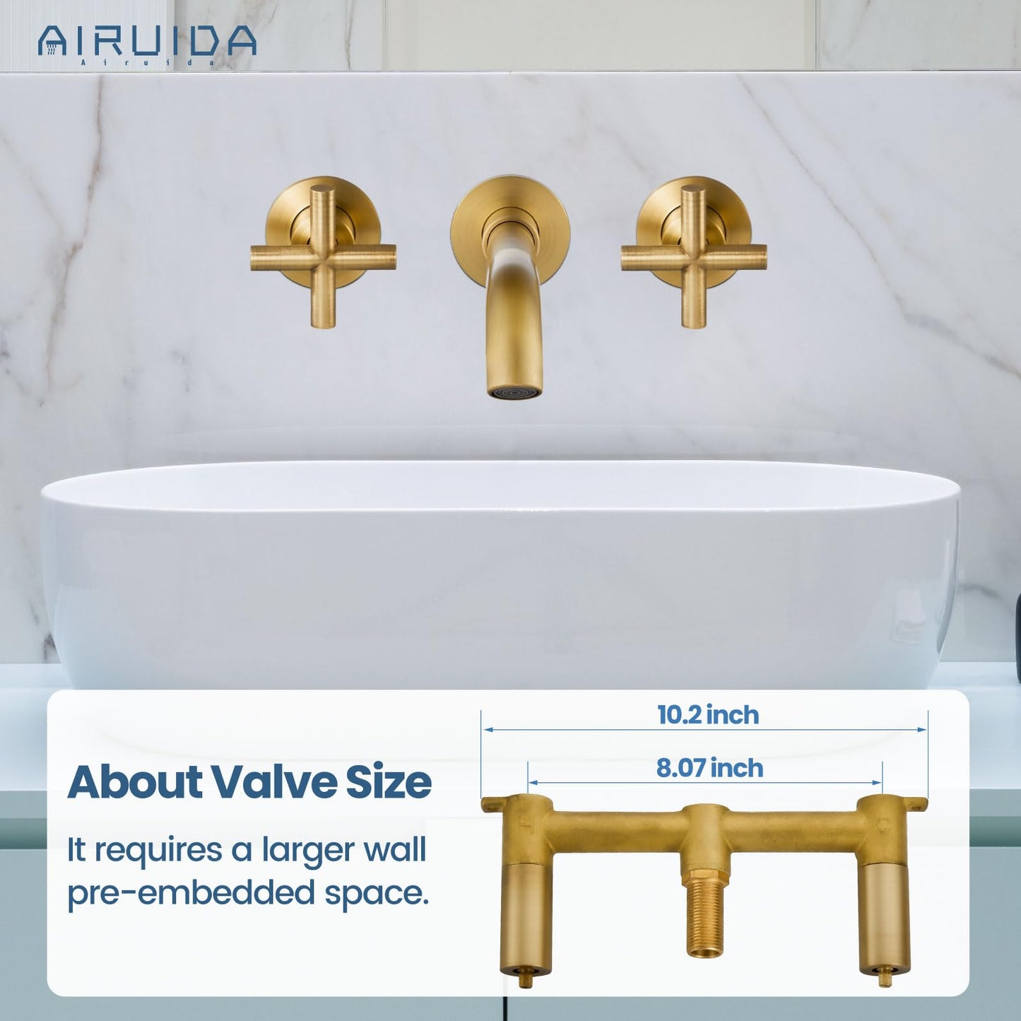 Airuida Solid Brass Widespread Wall Mount Bathroom Faucet with 360 Swivel Spout Wall Mounted Lavatory Faucet Vanity Sink Mixer Tap with Rough in Valve and Double Cross Handles Antique Brass