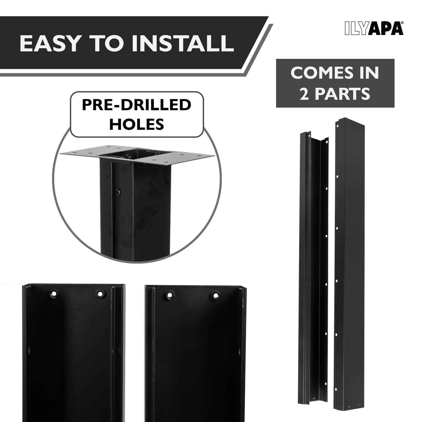 Ilyapa Black Mailbox Post for Outside, 43x4x4 inch Modern Metal Post Sleeve with Universal Mounting Plate Bracket for Curbside Residential Mailbox, Heavy Duty Outside Mailbox with Grooved Sides