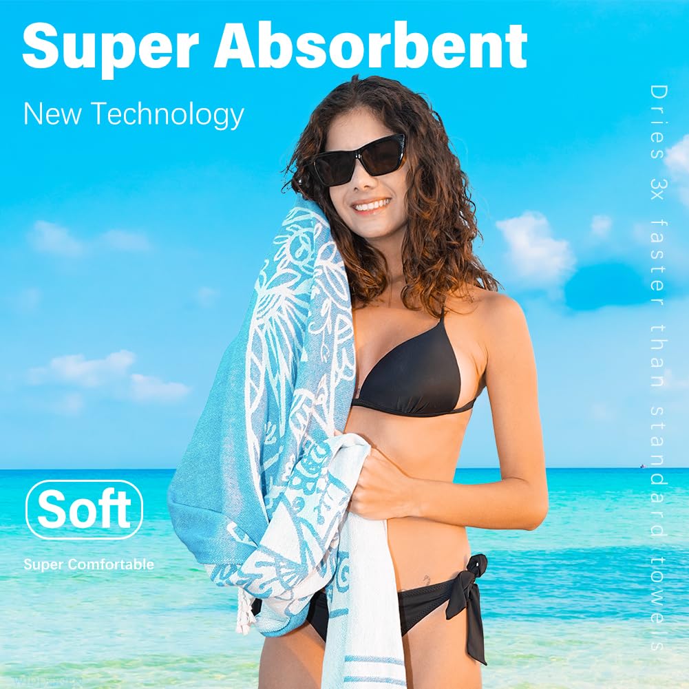 Widdonen Thin Turkish Beach Towel Quick Dry Absorbent Cotton Lightweight Bath Pool Towels Extra Large Oversized Sand Free Beach Stuff Cloud Adults Gift