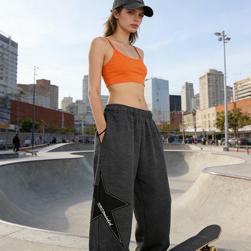 Pooyikoi Women Streetwear Sweatpants Drawstring Elastic Waist Loose Wide Leg Joggers Y2k Star Print Pants Harajuku Trousers (US, Alpha, Small, Regular, Regular, Dark Grey)