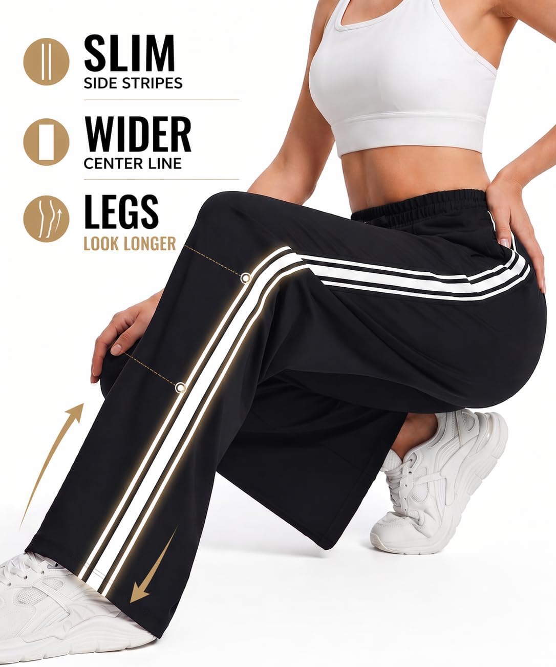 BISUAL Women's Wide Leg Track Pants - High Waisted Cotton Stretch Sweatpants with Contrast Stripes