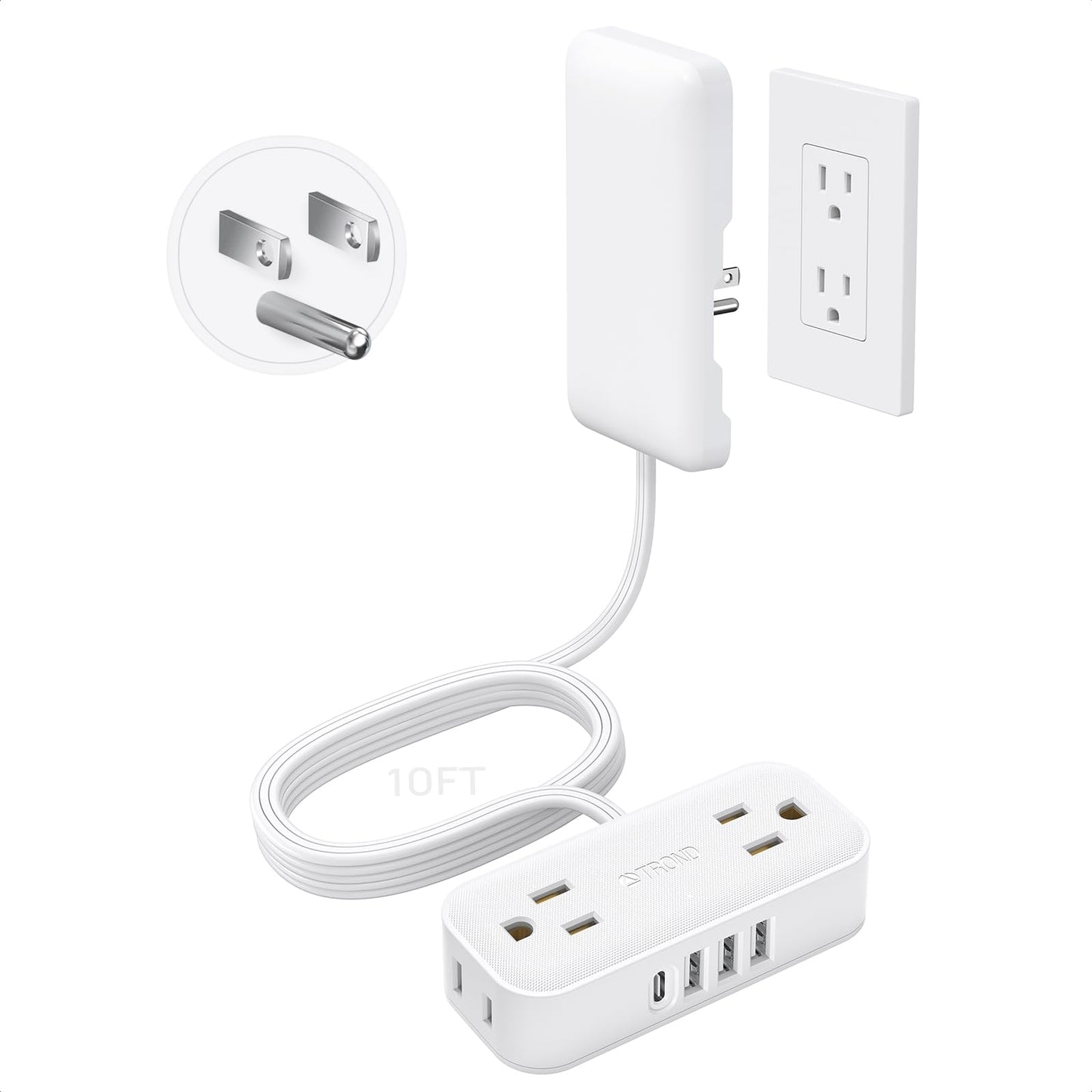 TROND Flat Plug Power Strip with Outlet Cover - 10ft Flat Extension Cord Outlet Extender Concealer with 4 AC 4 USB Ports, Fit Standard Size Wall Plate for Kitchen Home Office to Hide Messy, White
