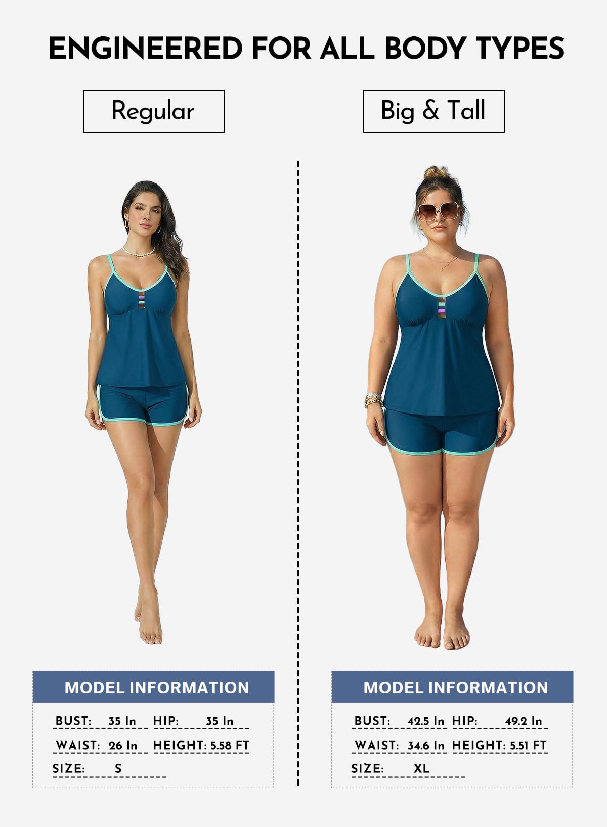 Aleumdr Women Blouson Color Block Tankini Swimsuits Tummy Control Two Piece Bathing Suits with Two Pockets Bottom Swimwear Sail Blue X-Large