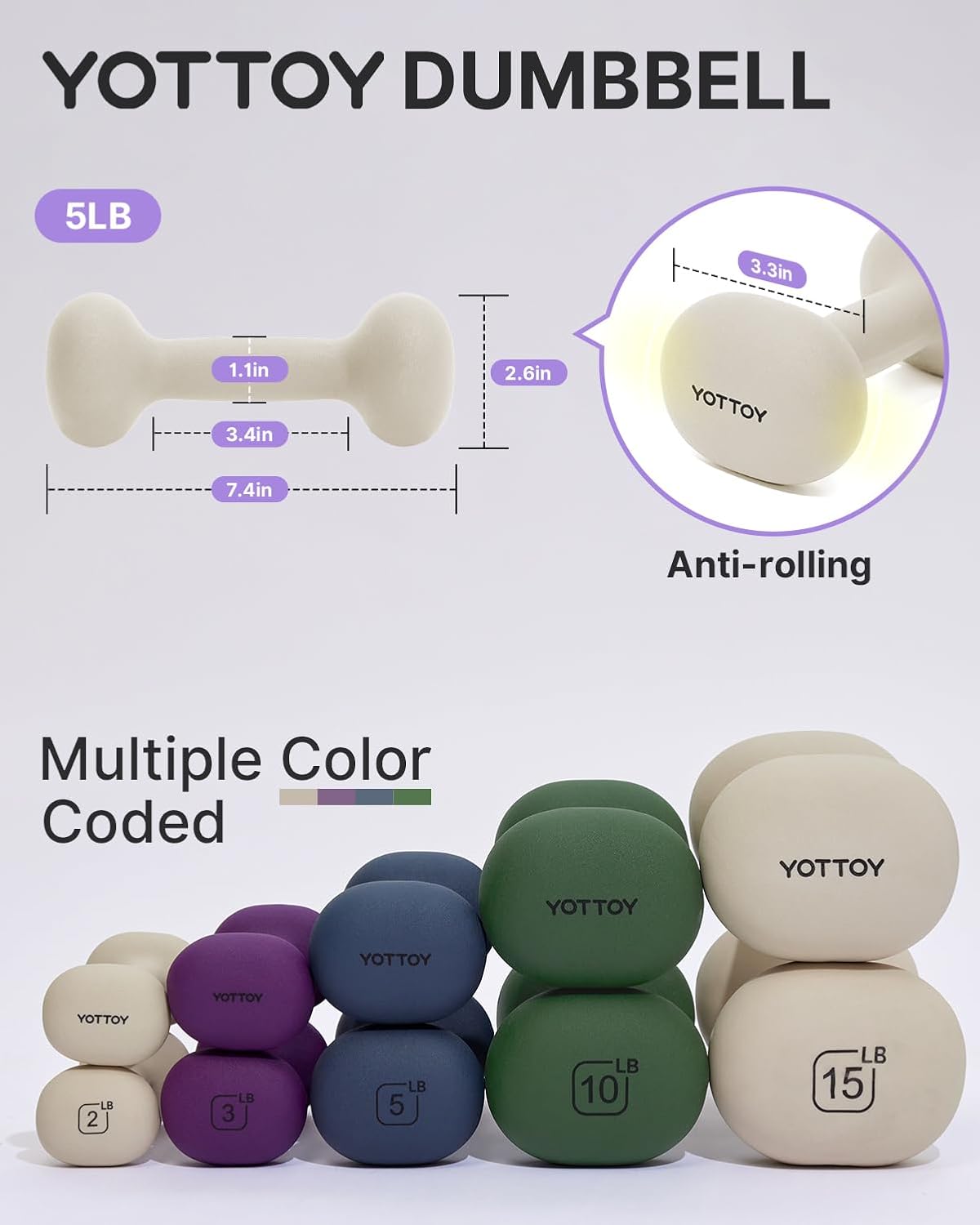 YOTTOY Dumbbell Set for Women - 2 to 15 Pound Non-Slip Hand Weights for Home Workouts | Portable Neoprene Design