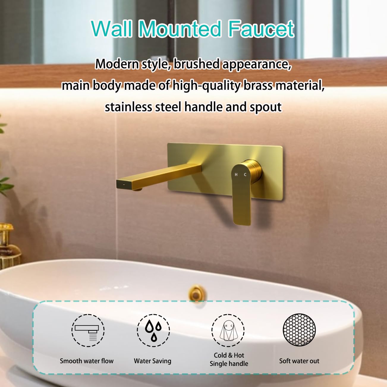 Bathroom Faucet, Wall Mount Single Handle Faucets with Rough-in Valve, Adjustable Water Temperature Brass Bathroom Faucet (Brushed Golden)