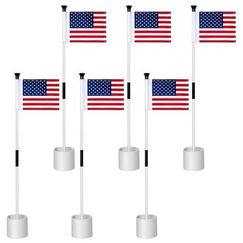 Deekin 6 Sets Golf Pin Flags Hole Cup Set Putting Green Flag for Yard Mini Practice Double Sided American Golf Flag Portable 2 Section Fiberglass USA Golf Flag, 6 x 8 Inches