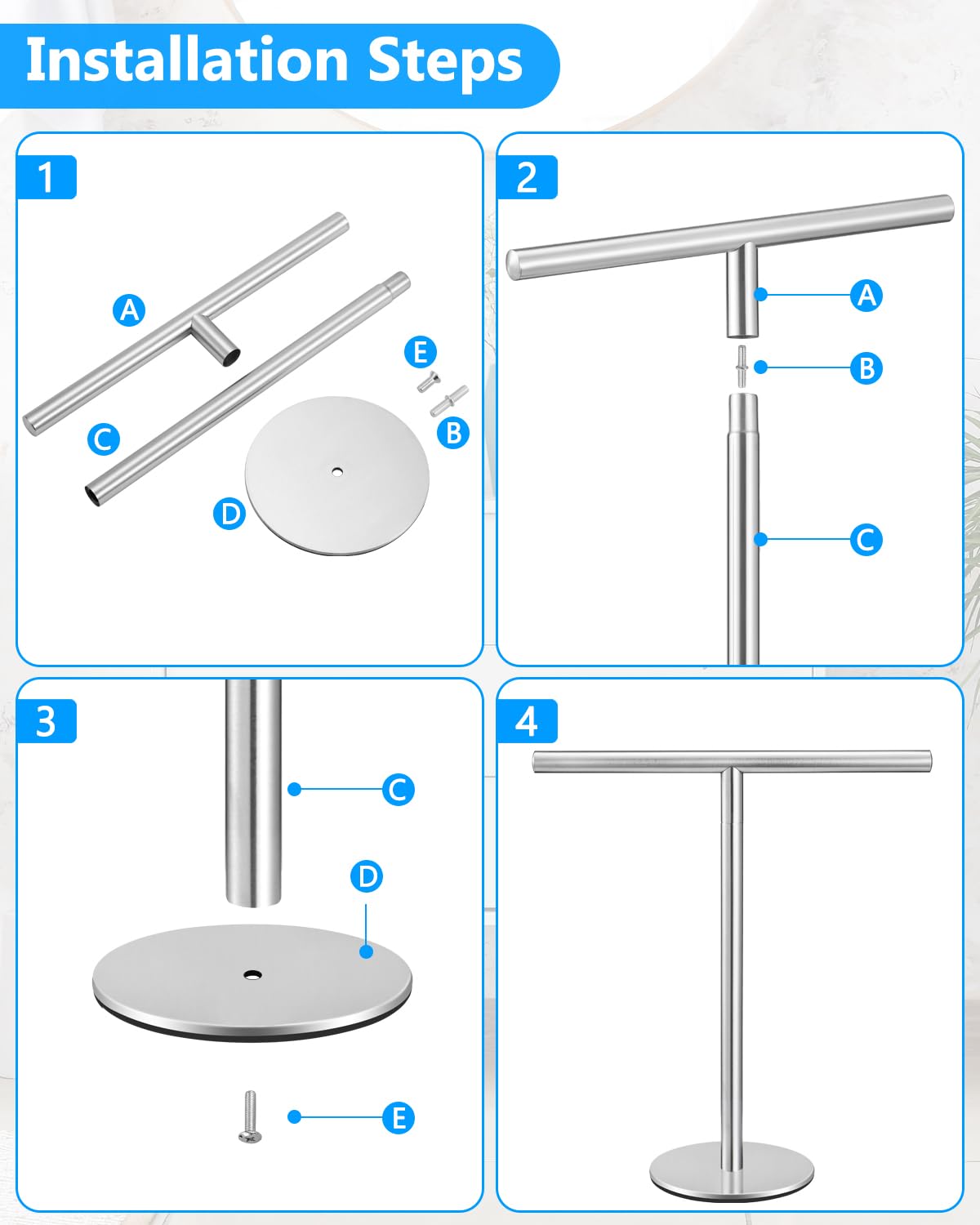 Standing Hand Towel Holder, T-Shape Towel Rack Stand, Stainless Steel Towel Bar for Bathroom Kitchen Vanity Countertop, Nickel