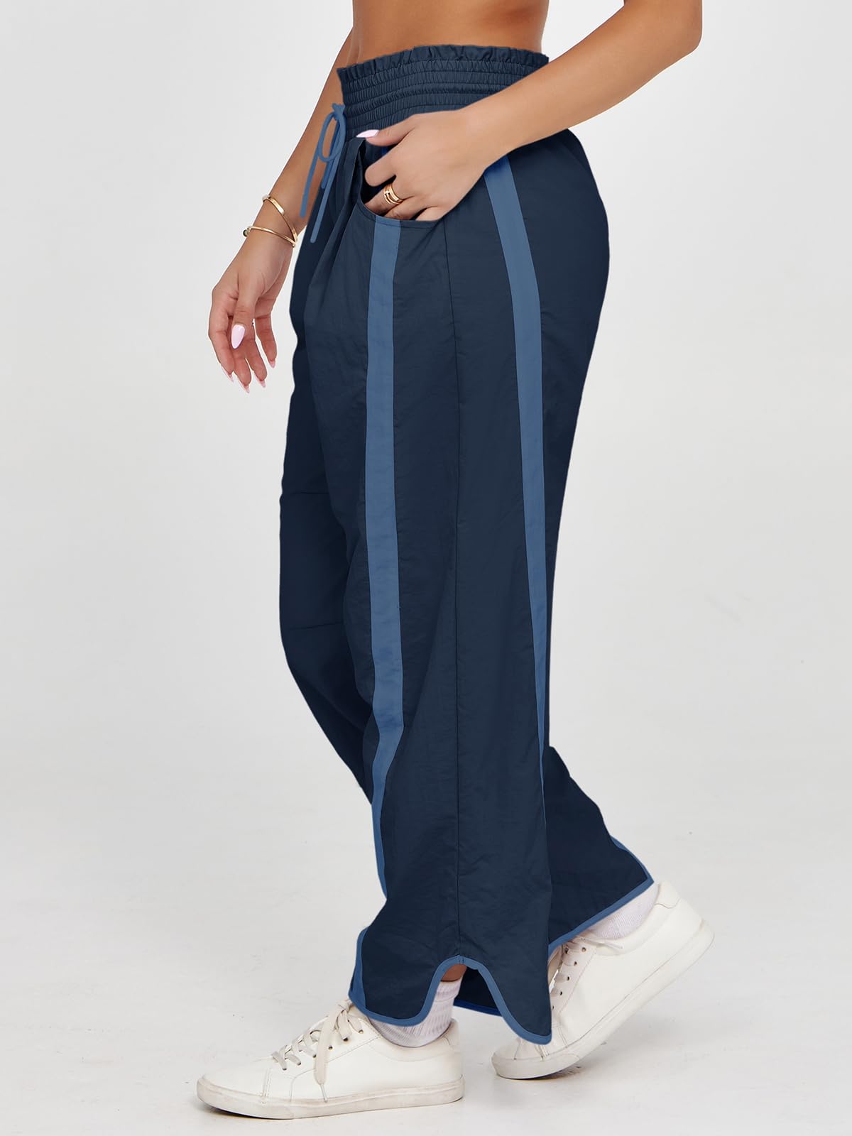 Fisoew Women's Baggy Wide Leg Pants Casual Drawstring Elastic Waisted Contrast Color Workout Y2K Track Pants Navy