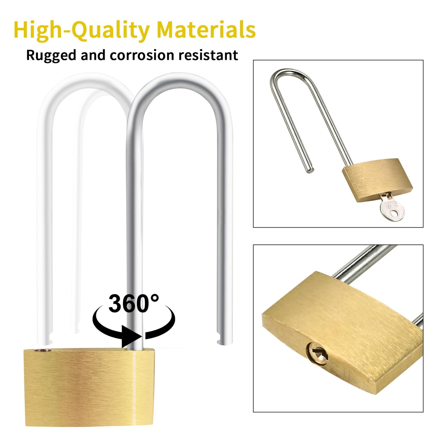 Lockwise 2 Pack Long Shackle Padlock, 2.9 in Waterproof Solid Brass Locks with 3 Keys, Padlock with Key for Gym Locker, Fence, Sheds (Light-Duty)