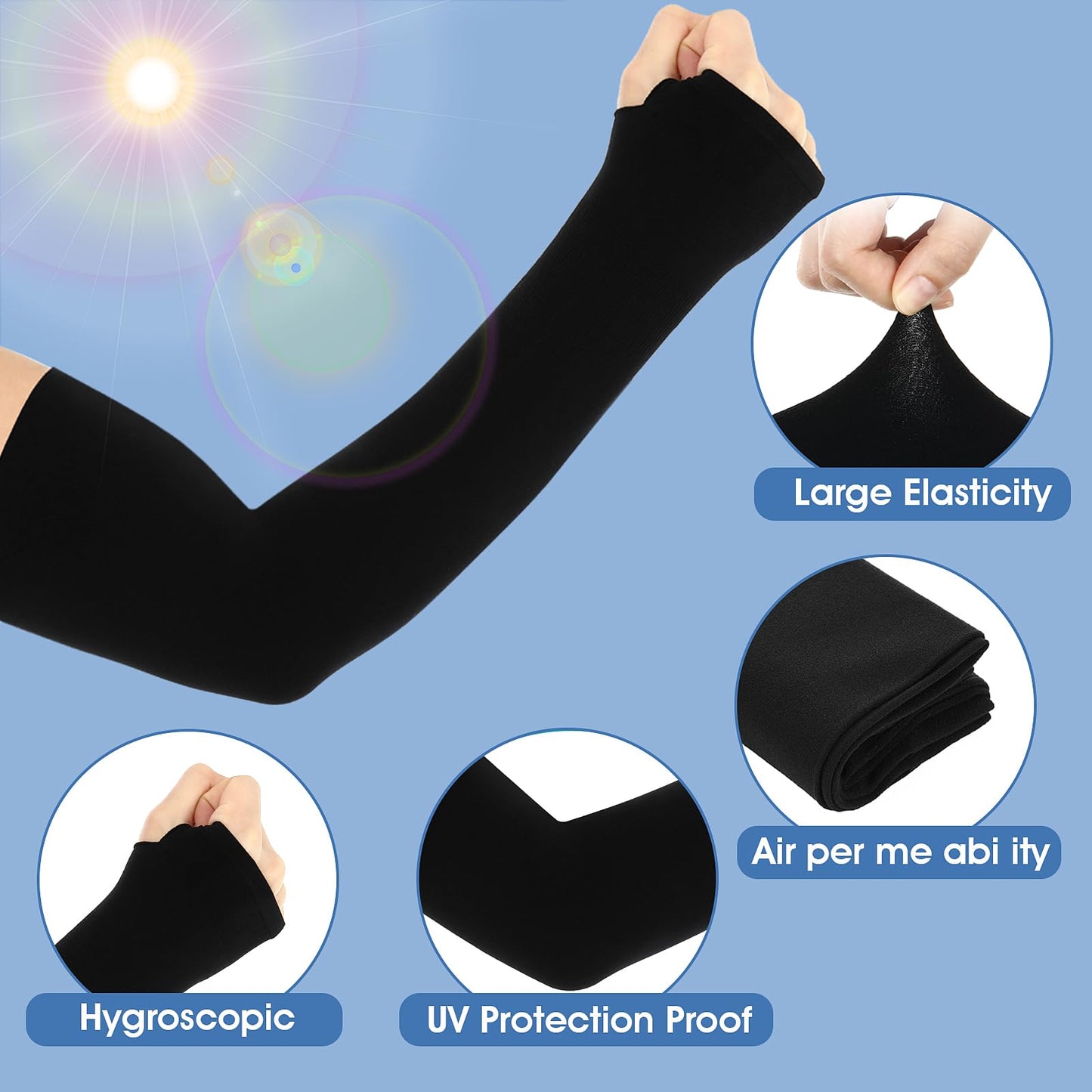 6 Pairs Black Arm Sleeves for Men Women to Cover Arms with Thumb Holes Sun Protection Arm Sleeves Volleyball Nylon Football Arm Sleeve to Cover Arms Sport Sun Protection Ice Silk Sleeves(35*10cm)