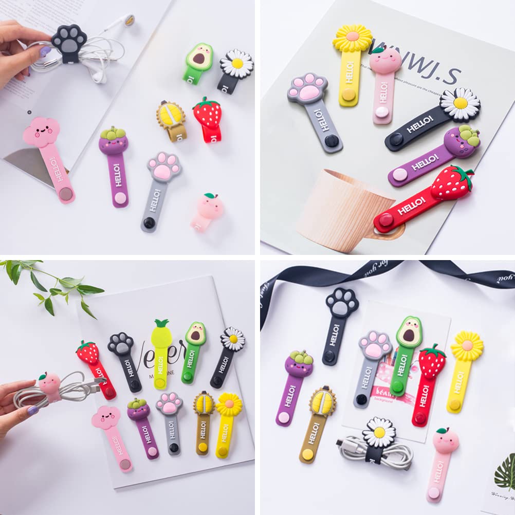 12 Pcs Reusable Cable Ties, Cute Cartoon Flower Fruit Animal Cord Ties for Office, Homeroom, School, Computer, Travel Items, Traveling USB Charger Electrical Cord Keeper