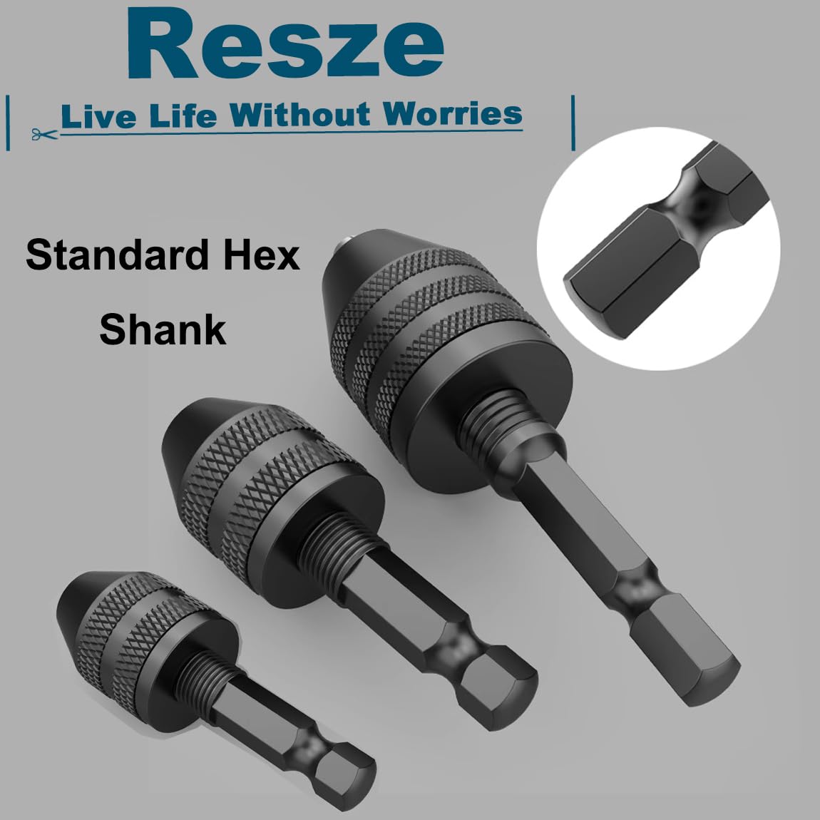Resze Keyless Drill Chuck Adapter - 3Pcs Drill Chucks for Impact Driver, 1/4' Hex Shank Chuck Conversion Adapters