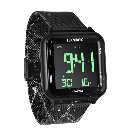 TEKMAGIC 100m Waterproof Luminous Scuba Diving Watch with Stainless Steel Watch Strap, Support Stopwatch, Alarm Clock and Backlight Functions, Dual Time Display, 12/24 Hour Format