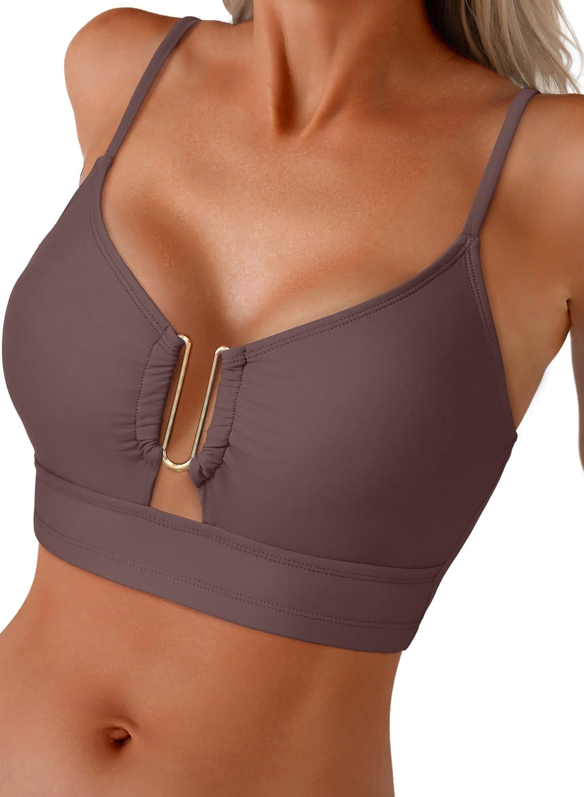 Herseas Bikini Top U-Wire Supportive Cutout Bathing Suits Tops Padded Stretchy Modest Swimsuit Bra Trendy Ruched Beach Swimsuits for Women 2026 Summer Brown Large