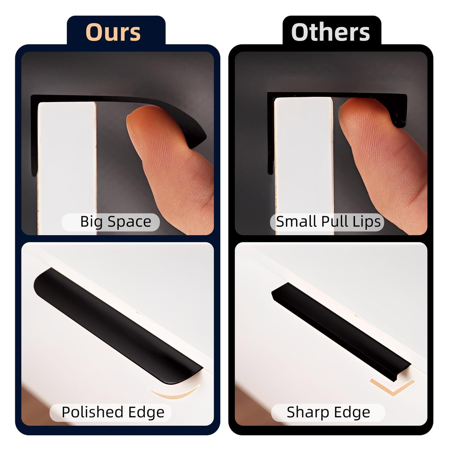 Cekikibi 5 Pack Adhesive Edge Finger Pulls for Cabinets，Kitchen Aluminium Alloy Concealed Drawer Pulls No Drilling Required Flat Stick On Cabinet Handles (Black, 3.15" Overall Length)