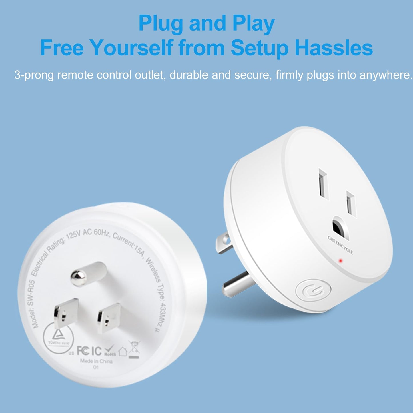 Remote Switch Outlet,GreenCyle Remote Control Outlet Plug with Switch,Wireless On/Off Light Switches Wall Mounted,15A/1500W,TUV List,No Wiring Needed,500ft RF Range,for Lamp,Fans,Household Appliances