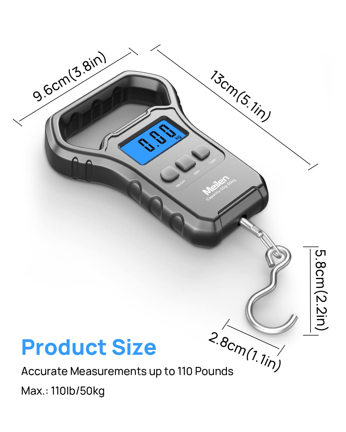 Meilen Fishing Scale - 110lb/50kg Digital Luggage Weigh Scale with Backlit LCD Display | Ideal for Travel