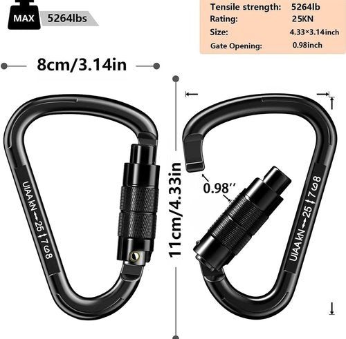 Auto Locking Carabiner Heavy Duty Carabiner 25kN Climbing Carabiner Climbing Equipment Safety Carabiners for Rappelling, Hammocks, Rescue, Dog Leash, Swing (All Black-8PCS)
