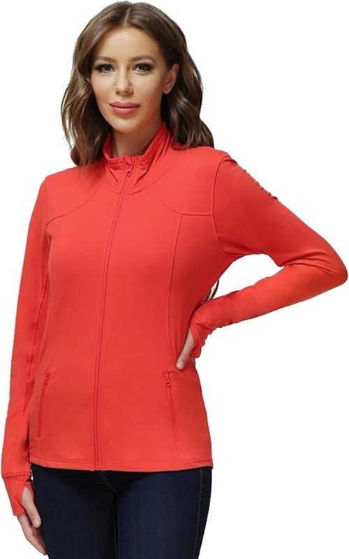 Dolcevida Women's Zip Up Running Jacket - Lightweight 4-Way Stretch Workout Jacket with Thumb Holes & Pockets