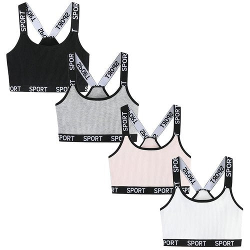 FedMois Girls Sports Bra Unpadded Crop Top Cotton Pack of 4, Sport, 10-12 Years