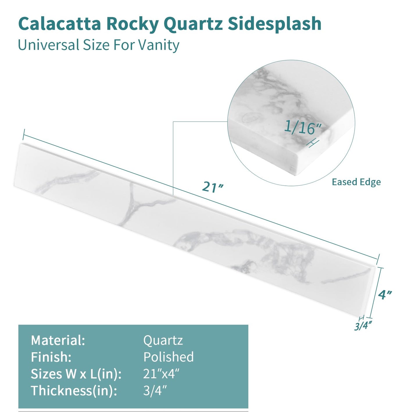 21 Inch Sidesplash in Calacatta Rocky, Quartz Stone Side Splash For Bathroom Vanity Top, Universal Size Bathroom Sink Sidesplash