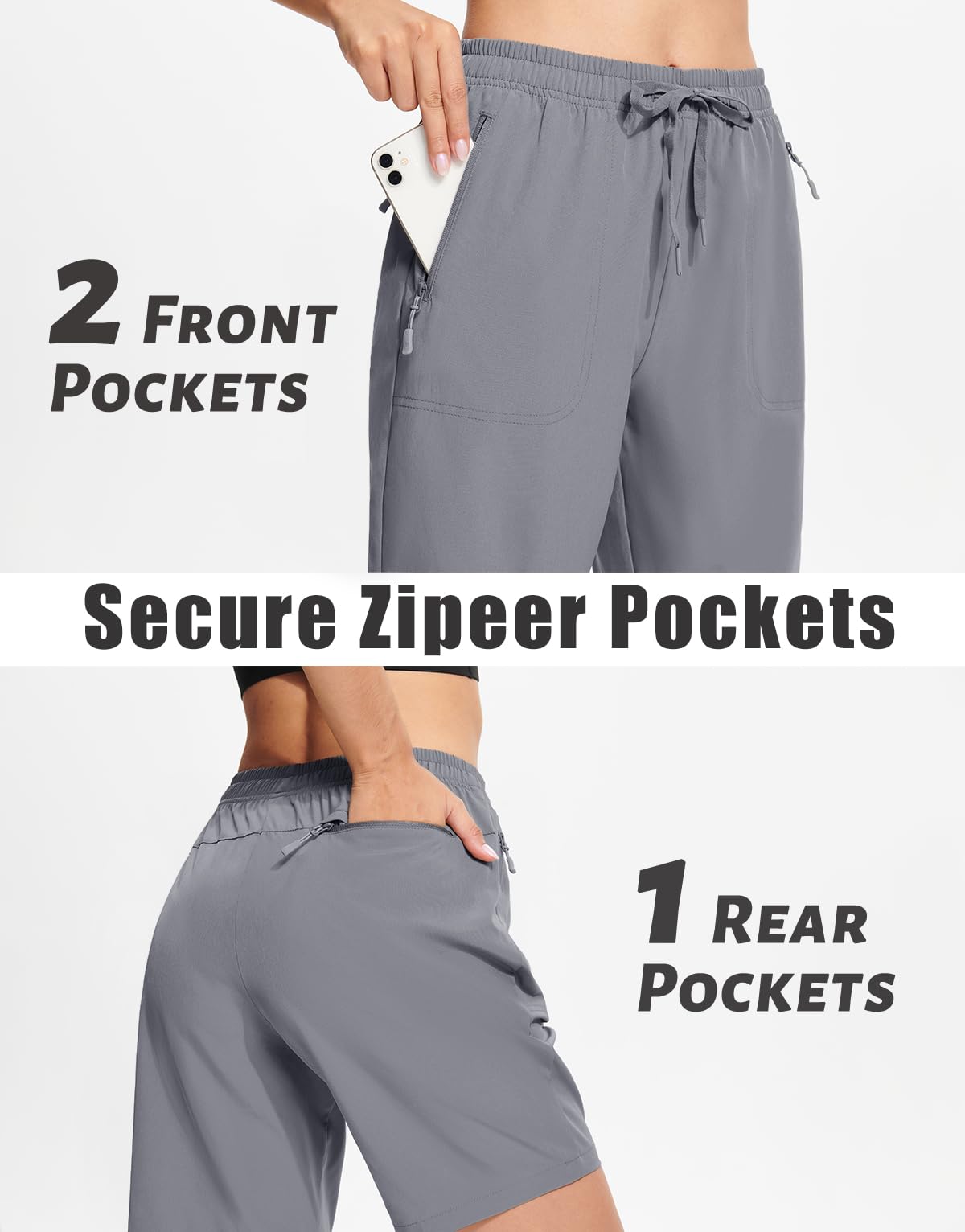 MAGCOMSEN Lightweight Hiking Shorts for Women 8" with Zipper Pockets Quick Dry Running Shorts Light Grey 2XL