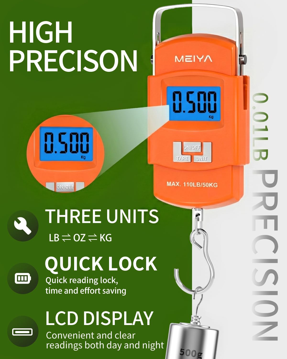 MEIYA Fish Scale 110lb/50kg Digital Fishing Scale with Backlit LCD, Portable Handle, Stainless Steel Hook & 2 AAA Batteries – Great Fishing Gifts for Men, Orange