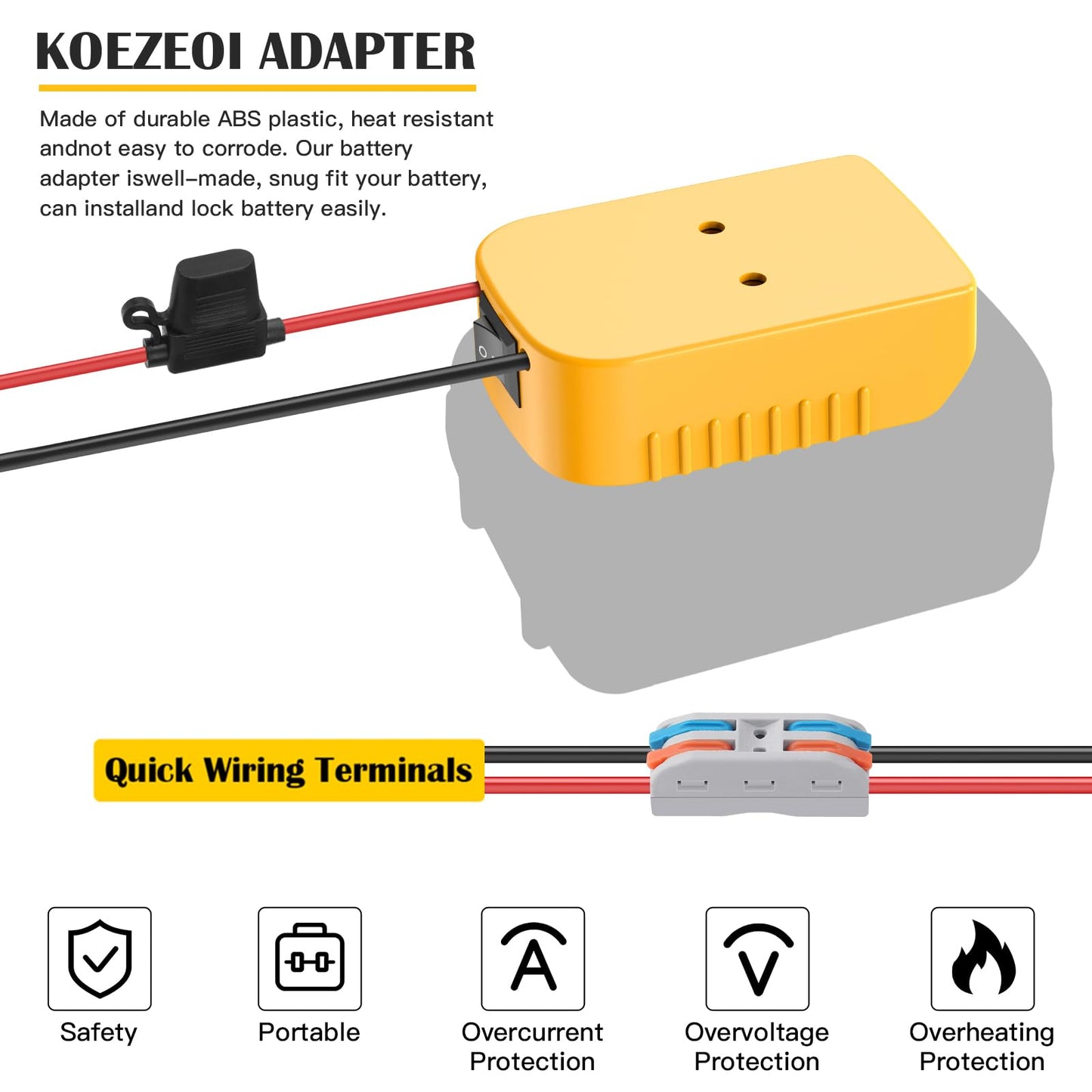 KOEZEOI 1 Packs Power Wheel Adapter for Dewalt 20V Battery Adapter Power Wheel Battery Converter with Fuse & Switch & Wire Terminals 12AWG Wire for DIY Rc Toys and Ride On Truck