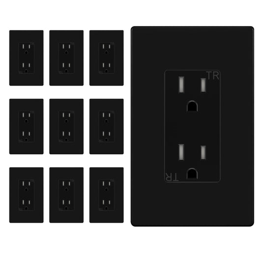 ENERLITES 10 Pack Black Decorator Receptacle with Screwless Wall Plate, Standard Electrical Wall Outlet, 15A 125V, Self-Grounding, 2-Pole, 3-Wire, 5-15R, UL Listed, 61502-TR-BKSID, Tamper Resistant
