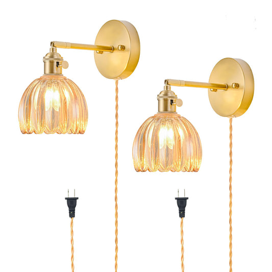 LINSEEDS Plug in Wall Sconces Set of 2, Vintage Wall Sconce Light with Tulip Amber Glass Lampshade, 180° Adjustable Wall Sconce with Switch and Plug in Wall Lamp Cord, Gold Wall Light Decor Set of 2