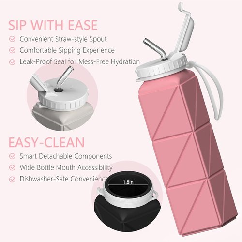 Beautail Collapsible Water Bottle - 20.6oz Silicone Portable & Leakproof for Travel, Camping, Yoga (Pink)